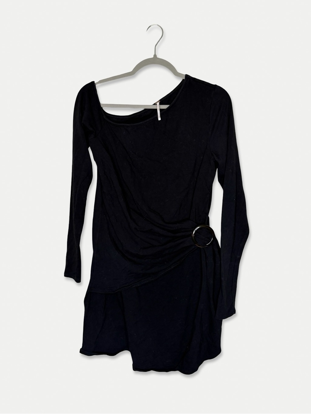 Free People XL Black Mini Dress Asymmetrical neck Long Sleeve GUC